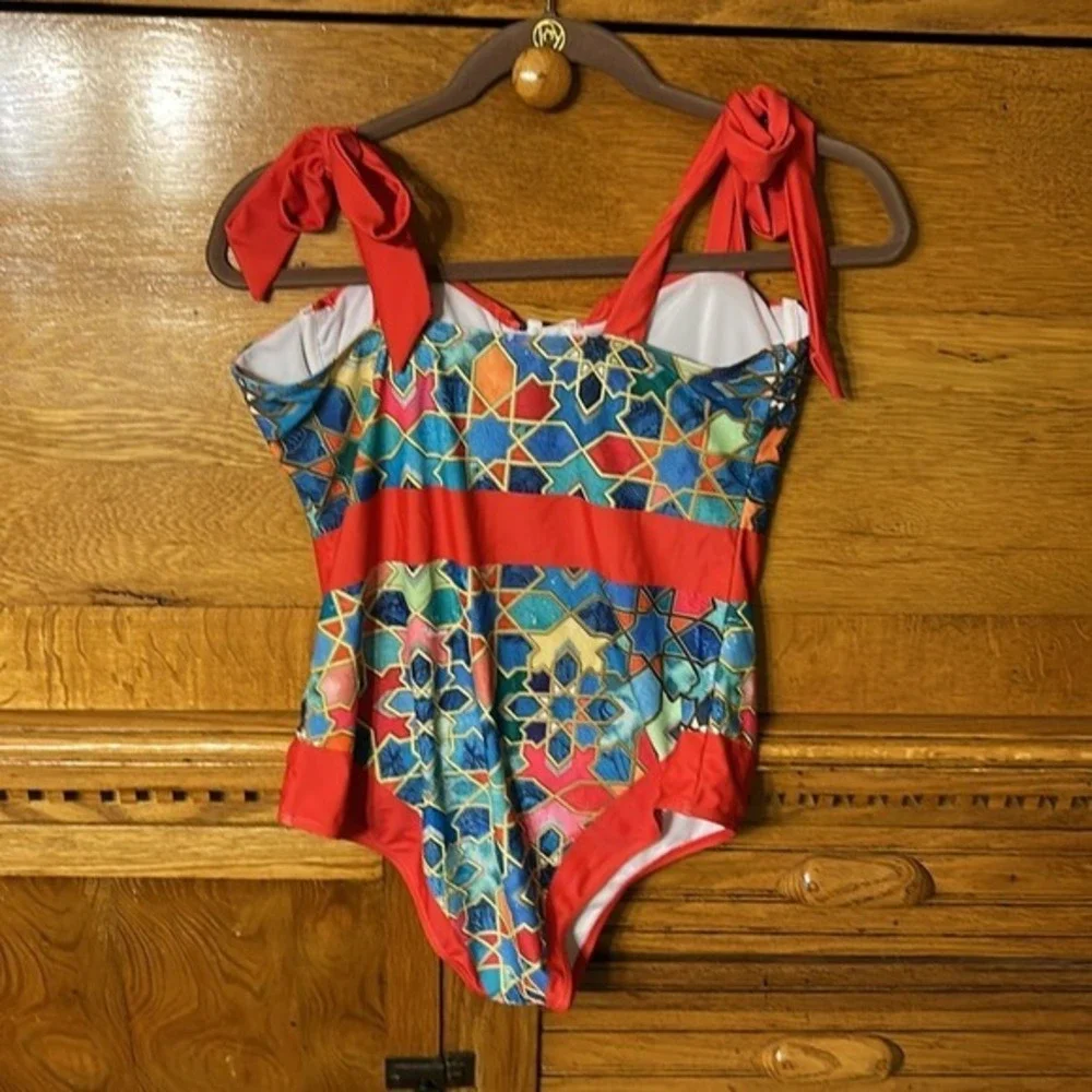 Boho Chic Geometric Mosaic Print Underwire One Piece Swimsuit and Wrap Skirt Set